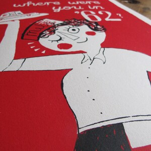 May include: A red and white illustration of a person wearing a hat with the word "mom" on it. The person is holding a tray with a small car on it. The text "where were you in '62?" is written above the person.