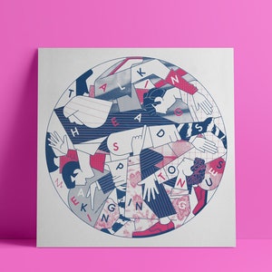 May include: A circular design featuring the words "Talking Heads" in a blue and red colour scheme. The words are arranged in a circle with the letters overlapping to create a pattern.