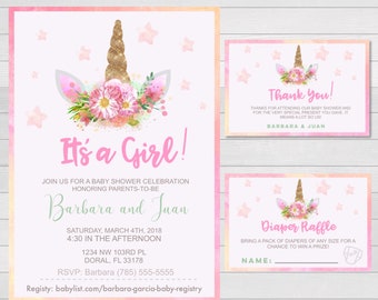 Unicorn Baby Shower It's a Girl Invitation + Thank You Card + Diaper Raffle