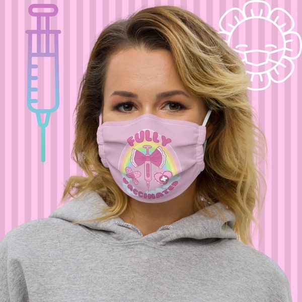 Fully Vaccinated Cute Kawaii Face Mask with Nose Wire, Filter Pocket, Protective 2 Layers, Washable, Reusable