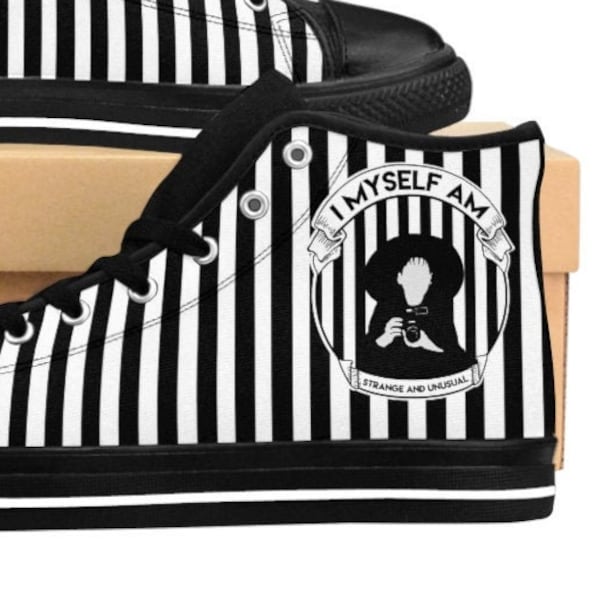 Men's Beetlejuice High Top Sneakers, High-top Sneakers, Black and White Strip Sneakers, Gothic Sneakers, Horror Sneakers