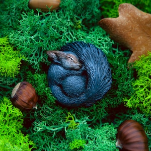May include: A curled-up, dark blue squirrel figurine rests amidst vibrant green moss, with scattered acorns, nuts, and a brown leaf. The squirrel's fur is detailed, and it appears to be sleeping peacefully, creating a natural, woodland scene.