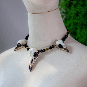 Raven Skull Necklace - Gold/ Black - Raven, Crow Necklace Raven Crow Collier