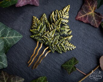 Large fern leaf hair comb in green and gold colors - hair comb