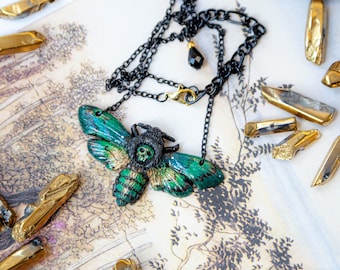 small skull moth necklace emerald green / gold - moth necklace - Deathhead Hawk-Moth - Moth Necklace