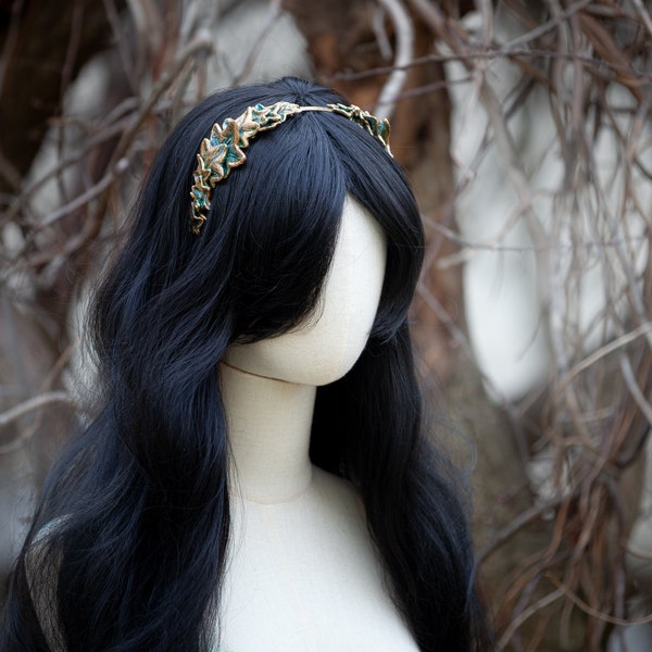 Efeu Haarreif Gold mit Hellblau / Türkiser Patina - Ivy Headband