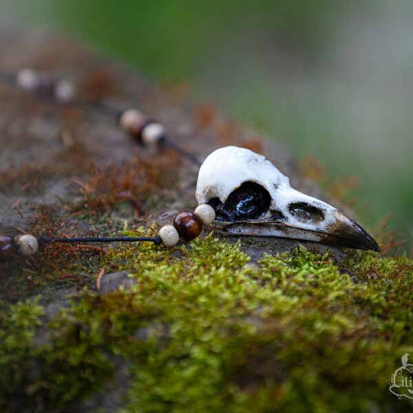 Handmade (replica) raven skull necklace with wood and ceramic beads