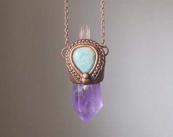 Amethyst wand pendant with Amazonite and Quartz