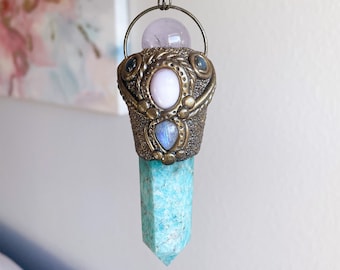 STUNNING Amazonite wand pendant with Rose Quartz sphere, Pink Opal, Labradorite, and Rainbow Moonstone