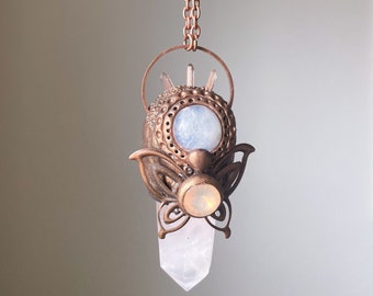 Rose Quartz & Rainbow Moonstone Butterfly Pendant