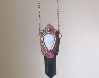 Powerful Black Obsidian Rose Pendant with Blue Lace Agate and Amethyst