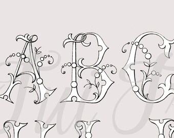 Alphabet Clipart, Antique Lettering, Monogram Fonts, All Letters Graphics, Downloadable, SVG, PDF and PNG