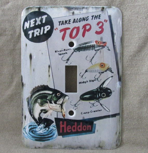 Heddon Lure Metal Single Light Switch Cover New Rustic Old Vintage Tin Sign  Look Unique Faux Aged Design Den Fishing Outdoors LG 