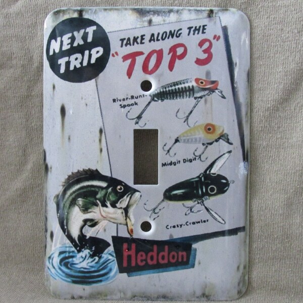 Heddon Lure - Metal Single Light Switch Cover - New - Rustic Old Vintage Tin Sign Look - Unique - Faux Aged Design Den Fishing Outdoors LG