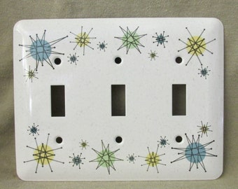 Atomic Starburst - Metal Light Switch Cover - Faux Franciscan Stoneware - Triple - New - Mid Century Style - Contemporary - Modern - Light