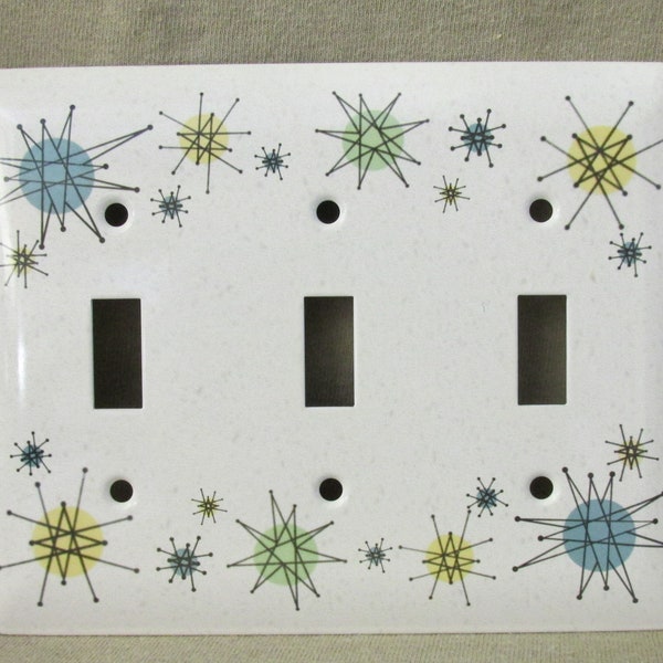 Atomic Starburst - Metal Light Switch Cover - Faux Franciscan Stoneware - Triple - New - Mid Century Style - Contemporary - Modern - Light