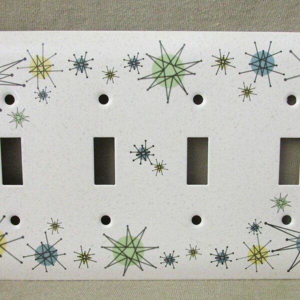 Atomic Starburst - New - Metal Light Switch Cover - MCM Faux Franciscan Stoneware - Quad 4 - Mid Century Modern - Retro - Vintage Look - Mod