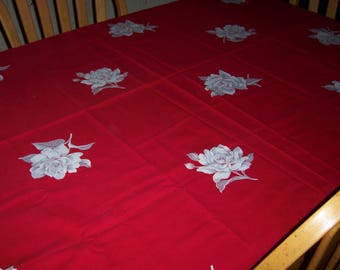 Vintage red Wilendur with white roses tablecloth