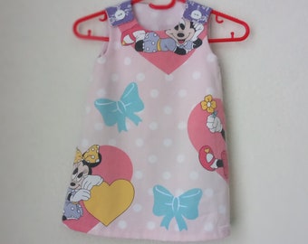 Minnie Mouse Dress for girls, upcycled   cute dress for toddlers, pink dress with hearts, bows,polkadots, lila fabric little girls,