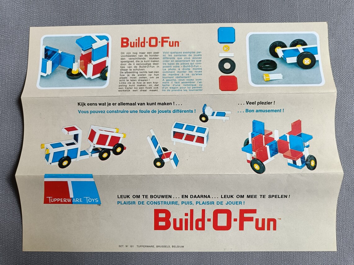 Vintage Build-O-Fun Block Set in Original Box - Set nr 101 - Made in Belgium - 60s Children toys - Tupperware Toys Build-O-Fun - Retro Toys, foto 3 de 5