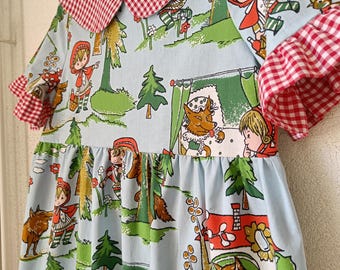 赤ずきんドレス - ハンドメイドヴィンテージアップサイクルシーツ服 - 唯一無二 -