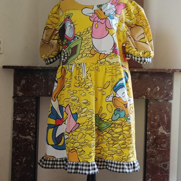 Donald Duck dress – Handmade Vintage Upcycled colourful clothing – One of a Kind XL - women clothes with nostalgic design - made of cotton