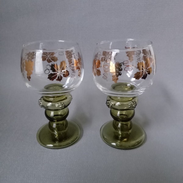 Vintage Set Of 2 Green Wine Glasses - Bockling, Roemer, Mosel, Retro Chic Drinkware - W. Germany, 1970s