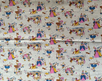 Vintage 1970s unused cotton fabric  with printed Cinderella pattern on beige bottomcolor, Sewing supplies for quilting and  patchwork