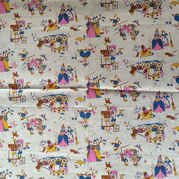 Tissu en coton vintage des années 1970 inutilisé avec motif Cendrillon imprimé sur fond beige, fournitures de couture pour courtepointe et patchwork