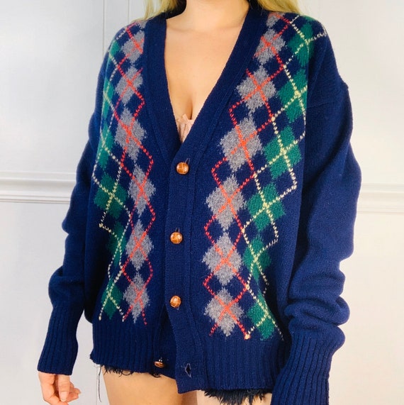 Vintage 100% Wool Argyle Navy Cardigan Sweater