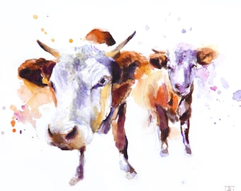 Cows, Original Painting, Original Watercolor Painting, Wall Art, Animals Watercolor, Home decor