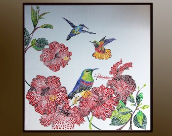 Flying hummingbirds and tropical flowers, Original Acrylic painting, Hummingbird art, Original painting on canvas , Birds, Boba