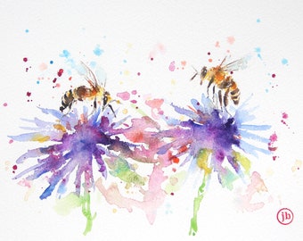 Honey Bees and flowers original watercolor painting, Bee painting, Flowers painting, Original art