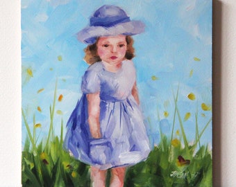 Little girl with hat, original oil painting, figurative painting, Christmas gift