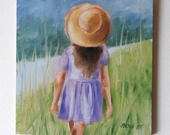 Little girl with a hat, original oil painting, figurative painting, Christmas gift