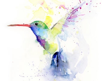 FLYING HUMMINGBIRD Watercolor Print, Bird Painting, Giclee Art Print, Contemporary Art, Home Decor, Boba painting, from Original Watercolor
