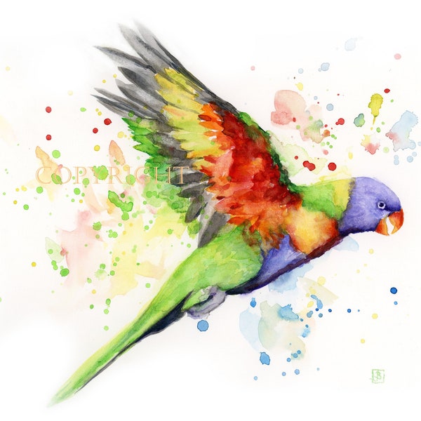 FLYING PARROT Watercolor Print, Tropical Birds Painting, Colorful Parrot, from Original Watercolor, Giclee Print, Contemporary Wall Art