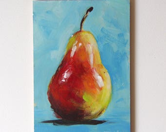 Still life with pear, original fruit painting, red pear