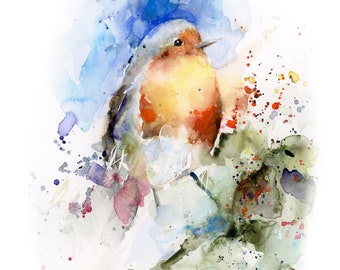 ROBIN Watercolor Painting, Fine Art Archival Print, Hand Signed Limited Edition Print of my Original Watercolor, Birds Wall Art BobaPainting