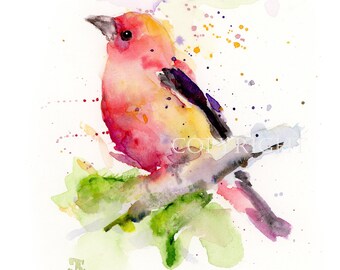 RED BIRD Watercolor Print, Small Bird Painting, BobaPainting, Giclee print, Wall Art, Home Decoration, Art Gift , from Original Painting