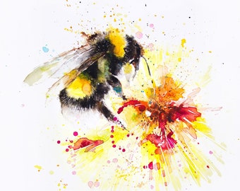 Bumble Bee  original watercolor painting, Bumblee bee and red flower, flowers watercolor, Original art, Insects watercolor painting