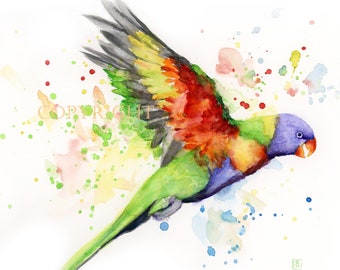 FLYING PARROT Watercolor Print, Tropical Birds Painting, Colorful Parrot, from Original Watercolor, Giclee Print, Contemporary Wall Art