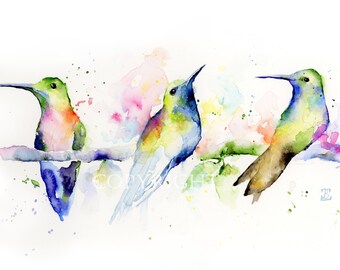 HUMMINGBIRDS on a Branch, Watercolor Art Print, Birds Decor from Original Painting, Giclee, BobaPainting, Print Illustration, Wall Art, Gift