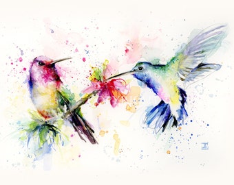 HUMMINGBIRDS Watercolor Art Print, from Original Painting, Limited Edition Colorful Art, Birds Decor, Giclee, Boba Painting, Illustration