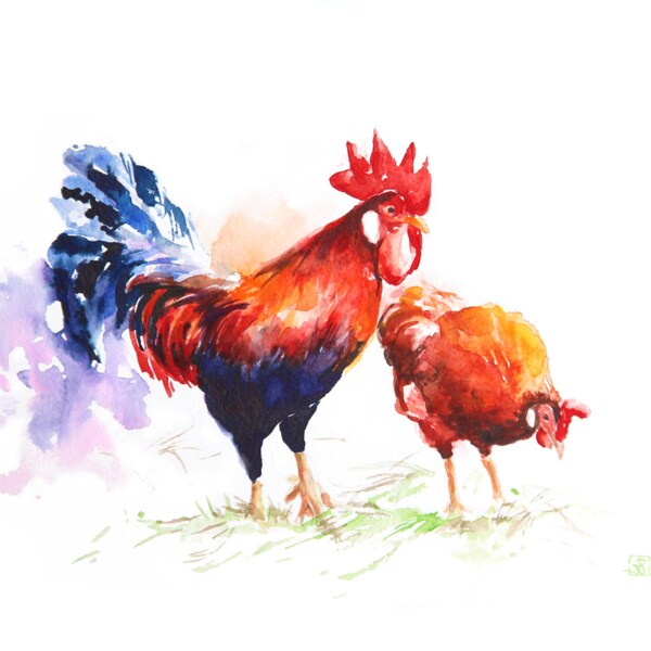 Haan en de kippen, Originele aquarel, Cockerel, Kip kunst, Boba kunst, Aquarel Schilderij