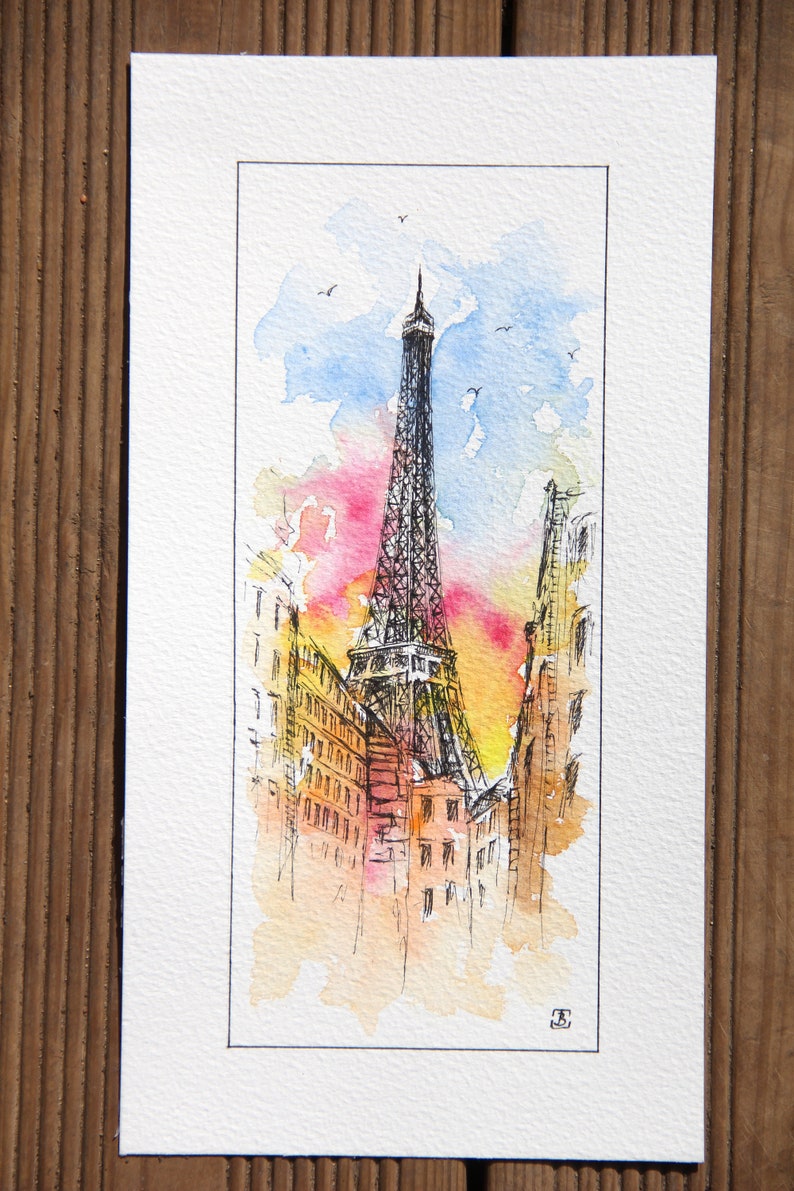 Peinture originale d'aquarelle de tour Eiffel, peinture de Paris, Peintures de monuments, Art original, peinture de Boba image 3