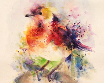 Pintura de pájaro de acuarela original, arte de aves, Bobapainting