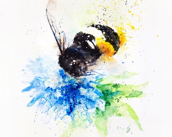 Bumble Bee On The Flower original watercolor painting, bee watercolor, flowers watercolor, Original watercolor art, Gift painting