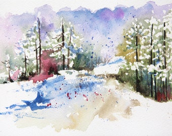 Het aquarellandschap van de winter, Het bos van de winter, het winter schilderen, Originele aquarel, Gift, Kunst op papier, Schilderend op document, Kleurrijk landschap