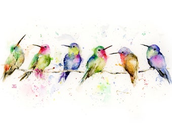 HUMMINGBIRDS in a Tree Branch, Watercolor Art Print, Colorful Birds Art, Birds Home Decor, Giclee, BobaPainting, Hummingbirds Illustration